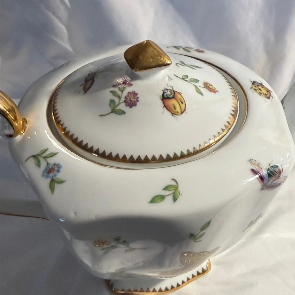 Elegant  Godinger Primavera White Teapot with Gold Accents and Nature Design